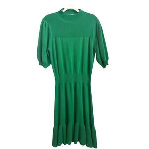 Happy Nature Virgin Cotton Green Sweater Dress with Puffy Statement Sleeves